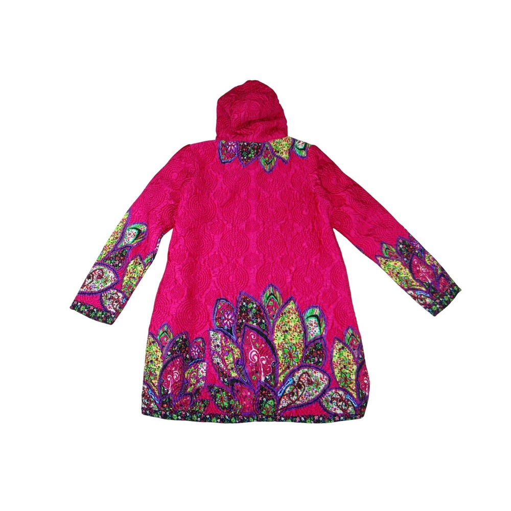Magenta Pink Crinkle Hooded Coat Floral Sequin Embellished Art to Wear Large
